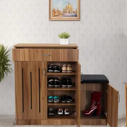 mintwud from pepperfry Unagi 15-Pairs Shoe Cabinet In Lyon Walnut Finish With Seating image 1