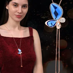 Shining Diva Fashion Rose Gold & Blue Rose Gold-Plated Necklace image 1