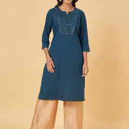 RANGMANCH BY PANTALOONS Geometric Yoke Design Notch Neck Thread Work Cotton A-Line Kurta-picture-35