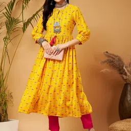 Shae by SASSAFRAS Yellow Ethnic Motifs Printed Tie-Up Neck A-Line Kurta-picture-15