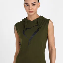 Rock Paper Scissors Women Olive Green Printed Pure Cotton Hooded Tank Top-image-1