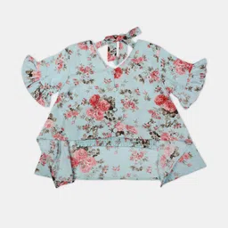 V-Mart Girls Floral Printed V-Neck Bell Sleeve Tie-Up Cotton Tiered Top-picture-25