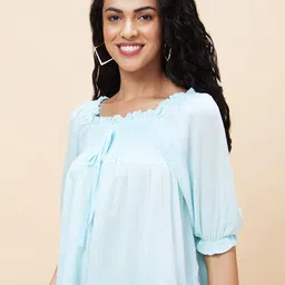 Globus Square Neck Puffed Sleeves Smocked Top image 3