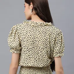 fuchsia PRETTY LOVING THING Women Cream & Black Geometric Printed Tie-Up Neck Top image 2