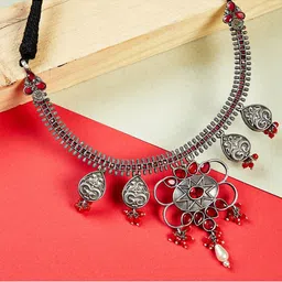 ZeroKaata Women Antique Silver Plated and Red Gemstones Studded Brass Choker Necklace-picture-33