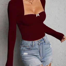 tivante Casual Regular Sleeves Solid Women Maroon Top image 3