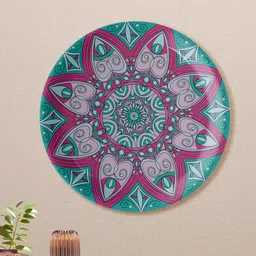 nestroots Green & Pink Abstract Designed Round Shaped Ceramic Wall Decor Plate image 1