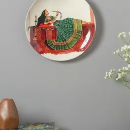 The Decor Mart White & Green Printed Modern Lady Ceramic Wall Plate-image-94