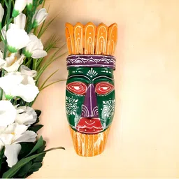 apka mart Green & Orange Tribal Printed Wooden Wall Masks-image-11