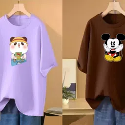rapturous Pack of 2 Women Printed Round Neck Cotton Blend Purple, Brown T-Shirt-picture-27