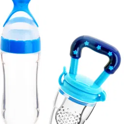 the little lookers Infant Squeezy Food Grade Silicone Bottle Feeder & Silicone Food Fruit Pacifier/Nibbler/Soother for Babies/Kids/Children (Squeezy Feeder 'Blue' + Pacifier 'Blue') (Pack of 2) - Silicone image 1