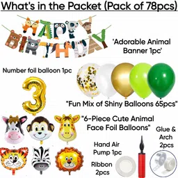 aniloons Jungle Theme Birthday Decoration Kit - 3YR With Animal Character Printed Banner image 2