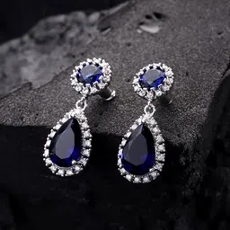 Carlton London Silver-Toned & Navy Rhodium-Plated CZ-Studded Teardrop-Shaped Drop Earrings image 1