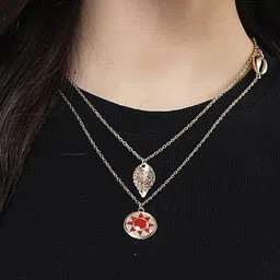 Bohey by KARATCART Gold-Plated Sun & Leaf Multicharm Layered Chain image 1