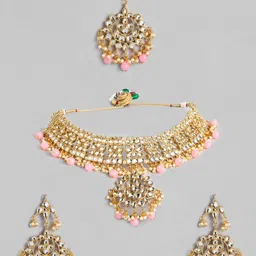 Peora Gold Plated Pink Kundan Studded Handcrafted Enamelled Jewellery Set image 2