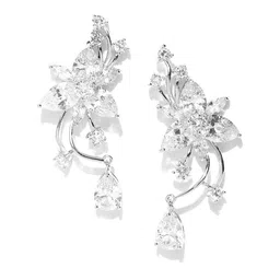 Carlton London Silver-Toned Rhodium-Plated CZ Stone-Studded Floral Drop Earrings image 2