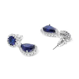 Carlton London Silver-Toned & Navy Rhodium-Plated CZ-Studded Teardrop-Shaped Drop Earrings image 3