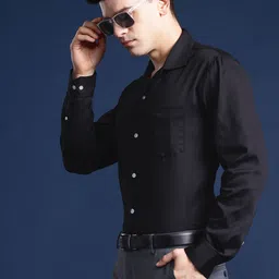 Hancock Men Self Design Cotton Stretch Cuban Collar Relaxed Fit Formal Shirt image 4