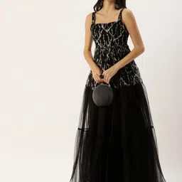 Ethnovog Black Made To Measure Ethnic Motifs Embellished Net A-Line Maxi Dress image 5