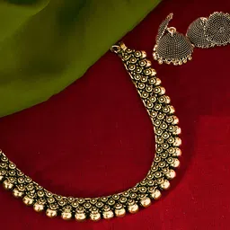 Yellow Chimes Oxidised Gold-Toned Kolhapuri Work Handcrafted Jewellery Set image 4