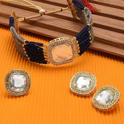 Zaveri Pearls Gold-Plated Navy Blue Austrian Diamond-Studded & Beaded Jewellery Set image 5