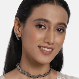 AccessHer Silver-Toned Black-PLated AD Studded Handcrafted Choker Jewellery Set image 1