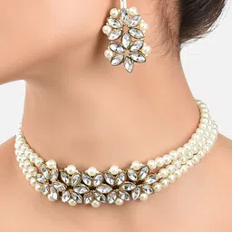 Zaveri Pearls Off-White Gold-Plated Pearls Beaded Layered Jewellery Set image 1
