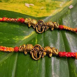 Set of 2 Tie-Up Fancy Rakhi Designs Elephant/Ganesh Ji Pendant/Rudhraksha Multicoloured Raksha Bandhan-image-2