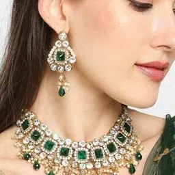 oomph NEVM14-Gold-Plated Kundan-Studded Necklace & Earrings Set-picture-15