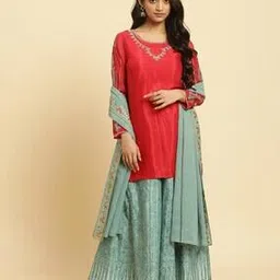 w Women Embroidered Straight Kurta with Sharara & Dupatta-picture-13