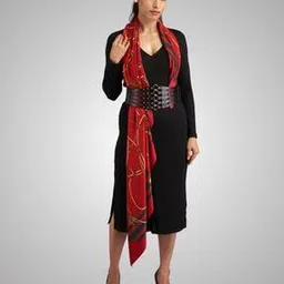 the tie hub Women Printed Scarf with Contrast Striped Border-picture-29