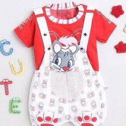 fourfolds Printed T-Shirt & Dungarees Set with Short Sleeves-picture-2