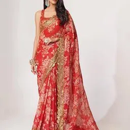 zeel clothing Women Floral Print Saree with Lace Border & Unstitched Blouse Piece-picture-24