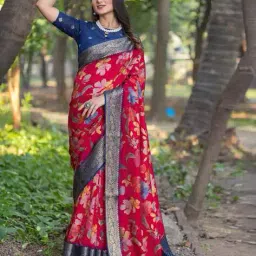 ri-wah Floral Print Saree with Zari Border image 1