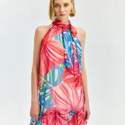 cover story Women Floral Print Tiered Dress with Tie-Up Neck image 1