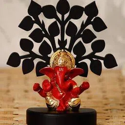 Gold Plated Red Mukut Ganesha Decorative Showpiece with Wooden Tree for Home/Temple/Office/Car Dashboard-image-17