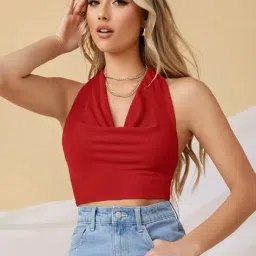 womenster Women Slim Fit Halter-Neck Crop Top image 1