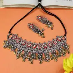bhrm Silver-Plated Oxidised Necklace & Earrings Set-picture-50
