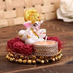 ecraftindia Lord Ganesha Idol on Decorative Plate with Tea Light Holder-picture-11