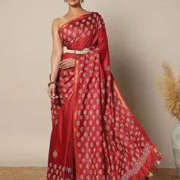 indie picks Handblock Printed Katan Silk Saree image 1