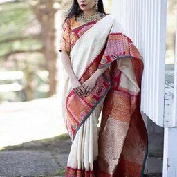 styleelite Red Floral Kanjeevaram Art Silk Saree With Geomatrical Border and Heavy Zari Pallu Traditional Saree-picture-14