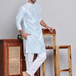 Jompers Floral Printed Mandarin Collar Silk Cotton Straight Kurta with Pyjamas-picture-22