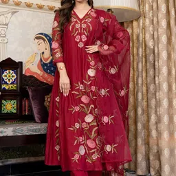 CaniBani Women Floral Embroidered Regular Thread Work Chanderi Silk Kurta with Trousers & With Dupatta-picture-41