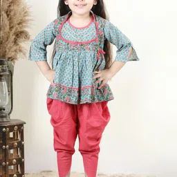 Here&Now X Kinder Kids Girls Floral Printed A Line Pure Cotton Kurti with Dhoti Pants-picture-14