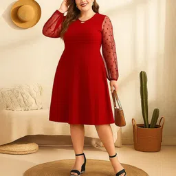 AMEEZA Keyhole Neck Long Sleeves Fit And Flare Above Knee Dress-picture-17