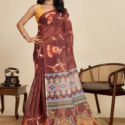 HEER FASHION Ethnic Motifs Print Zari Saree with Unstitched Blouse Piece-image-48