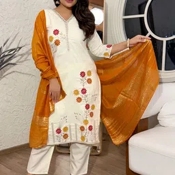 SHIJILA Women Floral Embroidered Regular Thread Work Kurta with Trousers & With Dupatta image 5