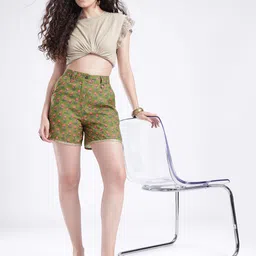 fusion by glitchez Women Floral Printed Metallic Embroidered Detail Shorts image 3