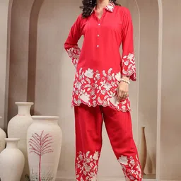 Stylum Women Red Solid & Embroidered Rayon Tunic & Trousers Co-Ord Set-picture-32