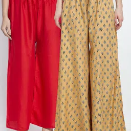 GRACIT Women Pack Of 2 Red & Nude-Coloured Ethnic Motifs Printed Flared Ethnic Palazzos-picture-23